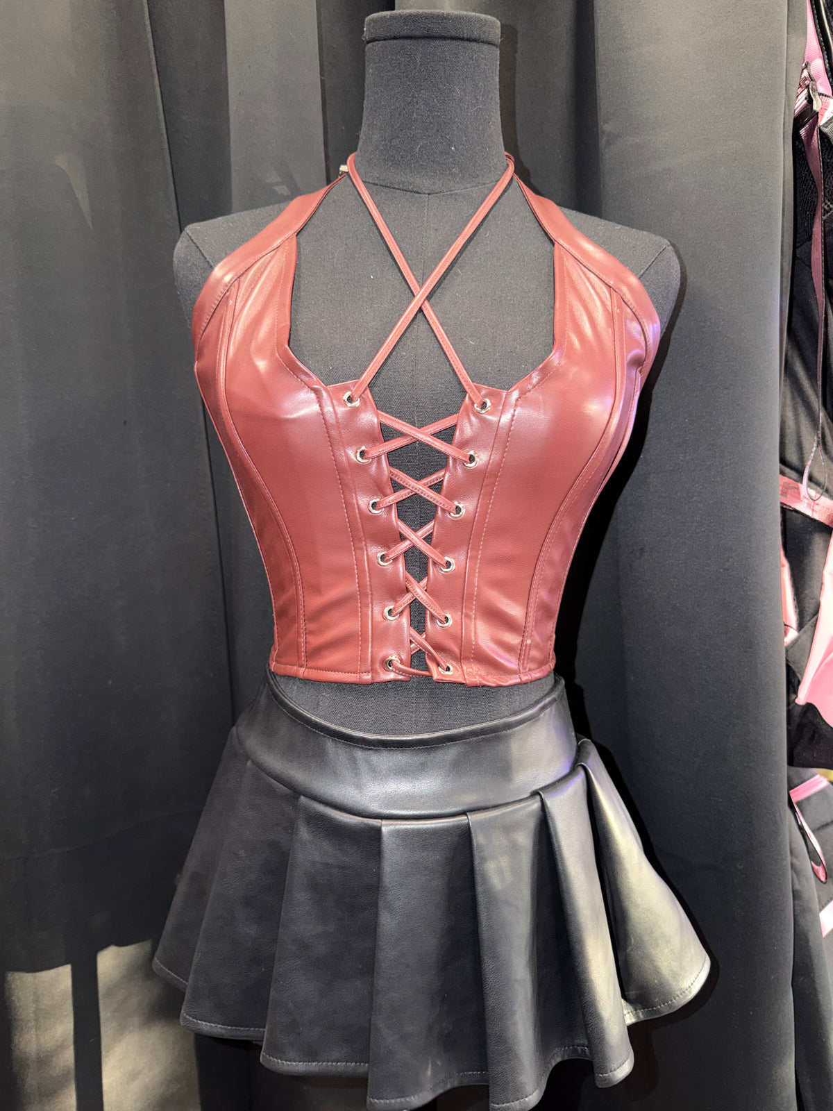 Lace Up Leather Halter Top (Burgundy)