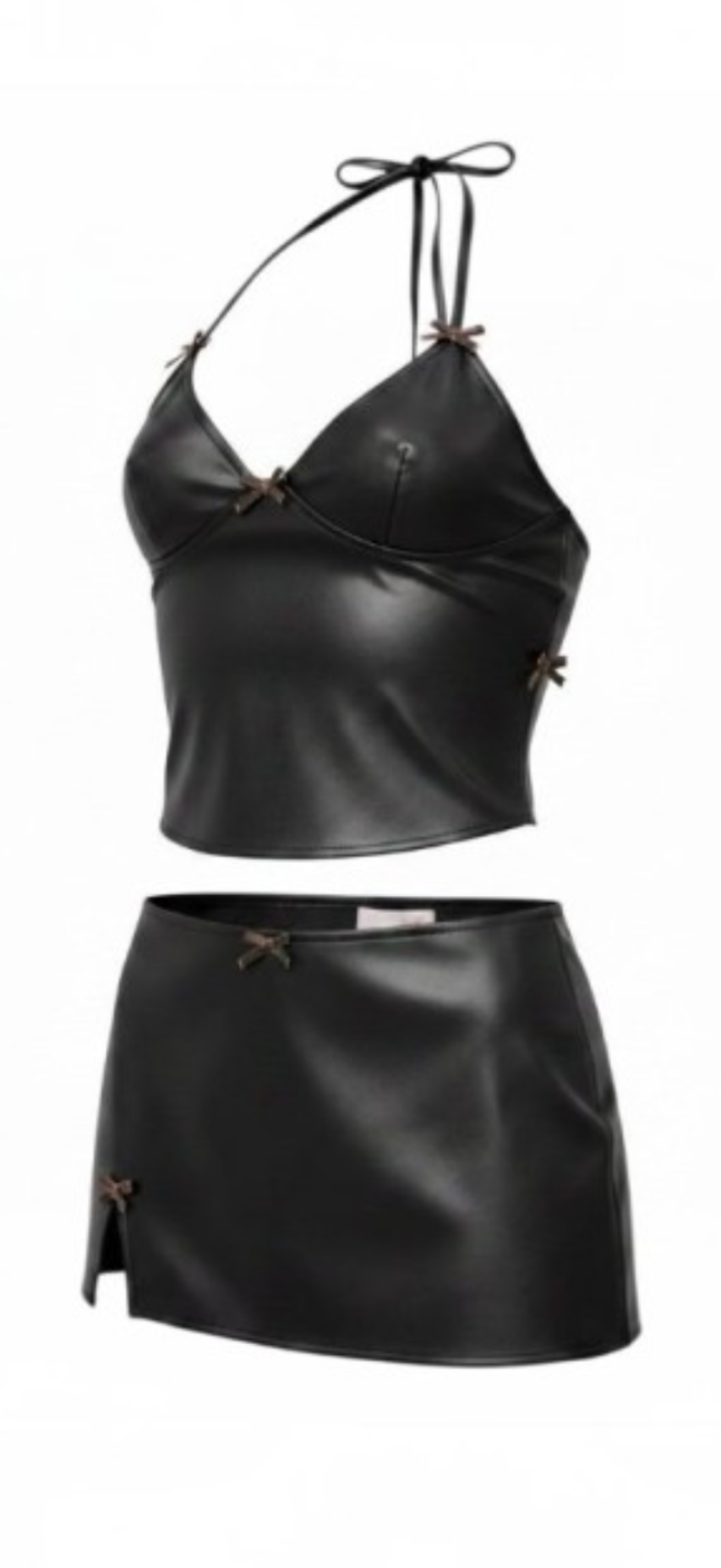 Leopard Bow Leather Halter Skirt Set