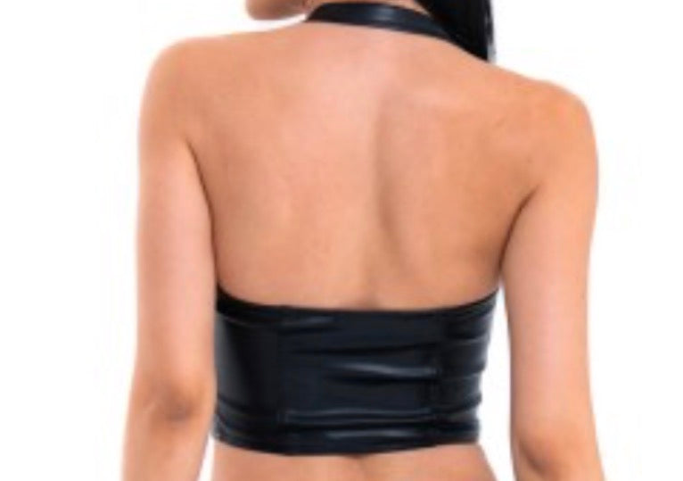 Lace Up Leather Halter Top (Black)
