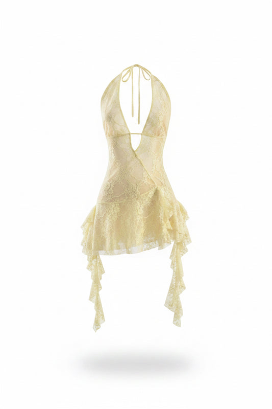 Lace Ruffle Halter Dress (Beige)