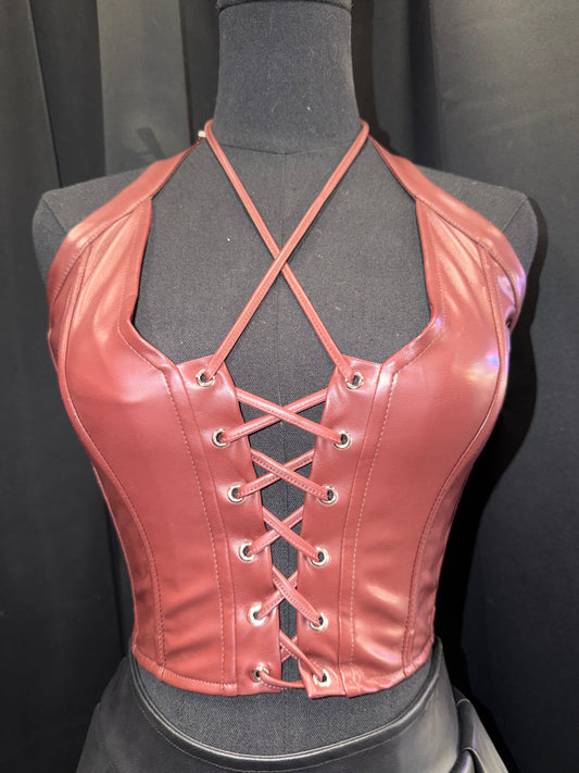 Lace Up Leather Halter Top (Burgundy)