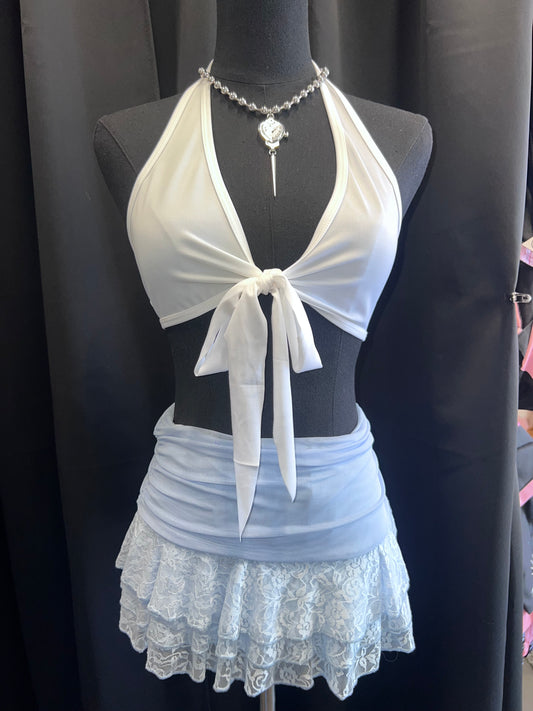 Lace Trim Ruffle Shorts (Blue)