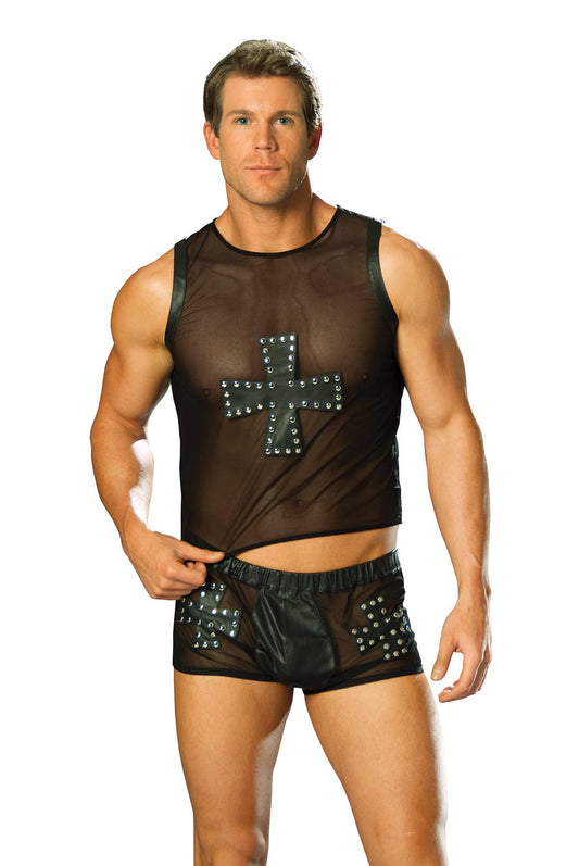 Mens Leather Mesh Fishnet Tank (Black)