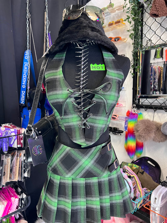 Plaid Lace Up Halter Top (Green)