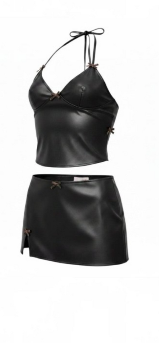 Leopard Bow Leather Halter Top (Black)