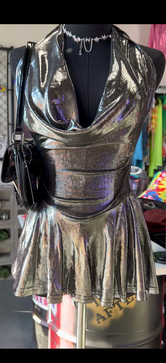 Metallic Halter Mini Dress (Silver)