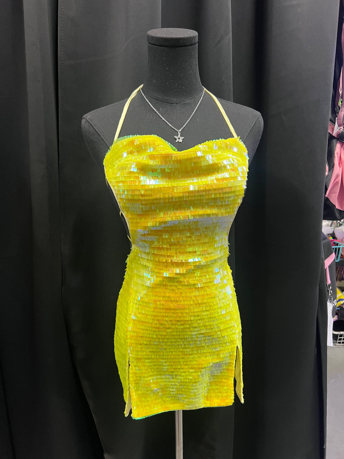 Sequin Open Back Mini Dress (Yellow)