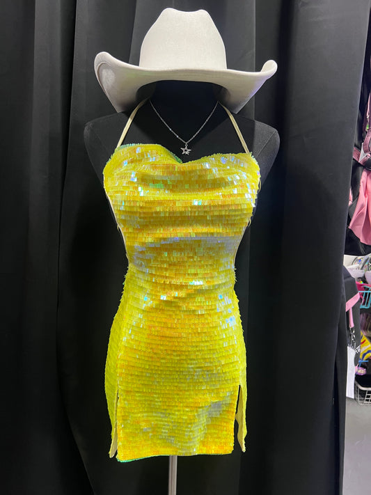 Sequin Open Back Mini Dress (Yellow)