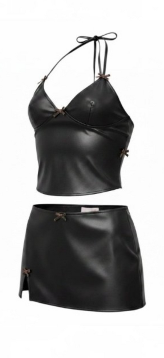 Leopard Bow Leather Halter Skirt Set