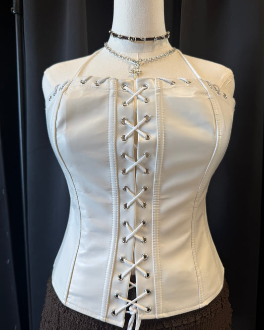 Landry Lace Up Halter Corset (White)